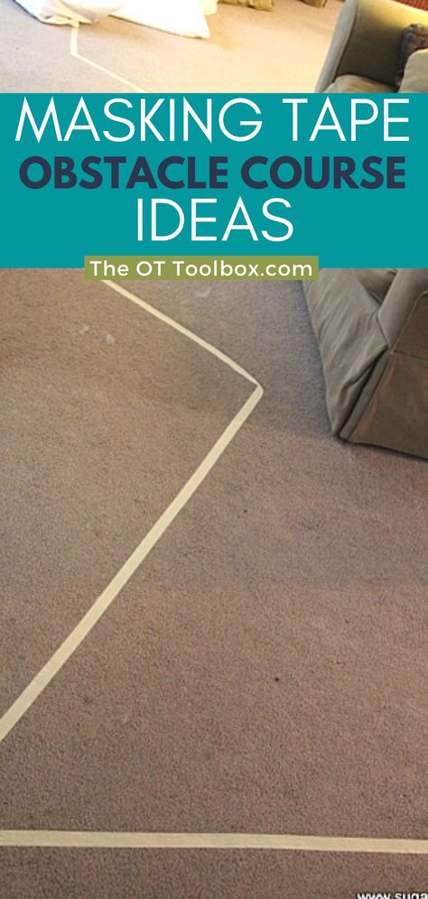 use these masking tape obstacle course ideas to build gross motor skills indoors. These are great for therapy at home activities, occupational therapy interventions, and physical therapy interventions with kids. Challenge motor planning, coordination, strength, balance, endurance, core strength, proprioception, and more. Painters Tape Obstacle Course, Inside Obstacle Course For Kids, Bear Gross Motor Activities, Tape Obstacle Course, Indoor Obstacle Course Ideas For Kids, Balance Beam Activities, Occupational Therapy Interventions, Indoor Winter Activities, Toddler Obstacle Course