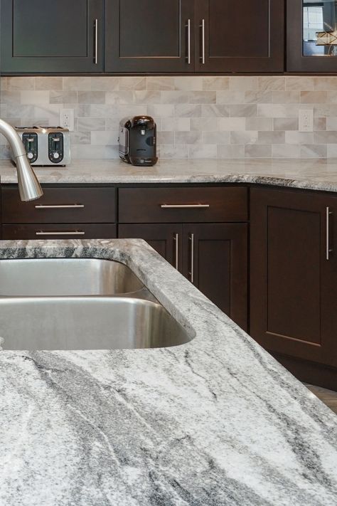 Brushed Granite Countertops, Granite Countertops With Gray Cabinets, Granet Counters, Granite With Gray Cabinets, Granite Countertops Grey, Gray Granite Countertops Kitchen, Steel Gray Granite Countertops, Gray Granite Kitchen, Morocco Kitchen