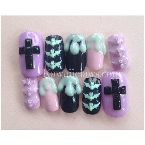 Pastel Goth Nails, Goth Nail Art, Nail Art Pastel, Cross Nail Art, Cross Nails, Pastel Goth Fashion, Goth Nails, Art Pastel, Halloween Nail Designs