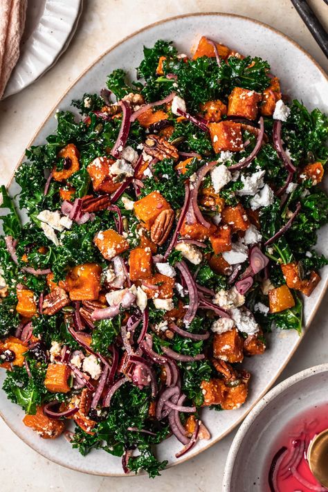 Lemon Dijon Dressing, Roasted Butternut Squash Salad, Butternut Squash Kale, Quick Pickled Red Onions, Autumn Salad Recipes, Dijon Dressing, Massaged Kale, Butternut Squash Salad, Quick Pickled