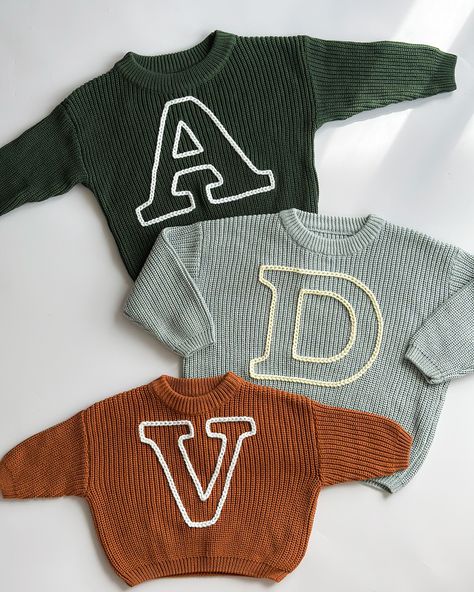 There’s always a trio. 👌What’s your favourite trio? ☺️ Embroidery Jumper, Hand Embroidered Sweater, Initial Embroidery, Personalised Jumpers, Personalized Sweater, Pull Bebe, Kids Jumpers, Toddler Sweater, Embroidery Sweater