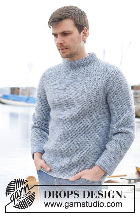 Keel Over - Crocheted jumper for men in DROPS Air. The piece is worked top down, with round yoke and double neck. Sizes S - XXXL. Free crochet pattern DROPS 233-25 Mens Sweater Crochet Pattern, Crocheted Jumper, Mens Roll Neck Sweater, Crochet Pins, Jumper For Men, Yoke Sweater, Extreme Knitting, Crochet Sweater Design, Crochet Jacket Pattern