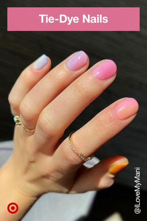 Summer nails are taking a cue from the cute tie-dye trend. Find nail inspiration & trendy colors for a bright & beautiful at-home mani. Pink And Purple Sparkle Nails, Builder Gel Nails Design Summer, Nail Color Designs, Nails Short Acrylic, Gel Nails Manicure, Acrylic Nails Designs, Tie Dye Nails, Short Acrylic, Cute Gel Nails