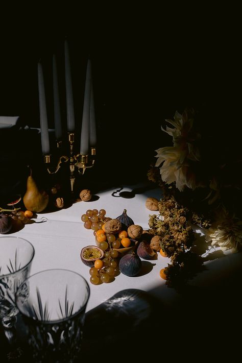 Candle Tablescapes, Moody Tablescape, Lake Huron Ontario, Winter Tablescapes, Engagement Dinner, Table Setting Inspiration, Dark Wedding, Vintage Fruit, Moody Wedding