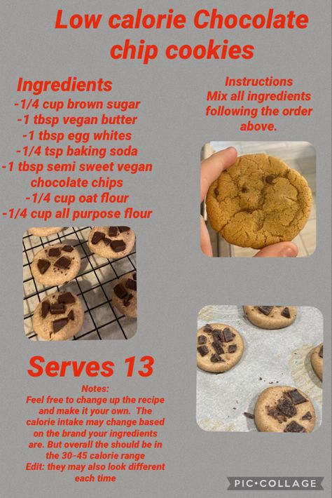 Recipes Under 200 Calories Meals, Low Calorie Snacks Ed, Low Cal Chocolate Chip Cookies, Low Cal Cookies Recipes, L0w Cal Recipe, Low Cal Baking Recipes, Low Calorie Meals Coquette, Low Cal Cookies, Low Calorie Chocolate Chip Cookies