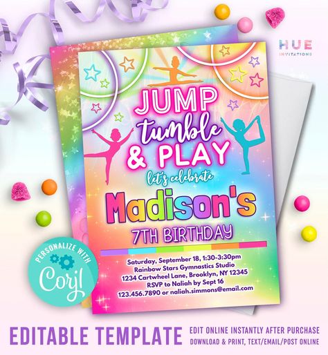 Rainbow Gymnastics Party, Gymnastics Theme Birthday, Gymnastics Theme Birthday Party, Gymnastics Birthday Party Invitations, Gymnastics Party Invitations, Gymnastics Invitations, Gymnastics Birthday Invitations, Gymnastics Birthday Party, Gymnast Birthday Party