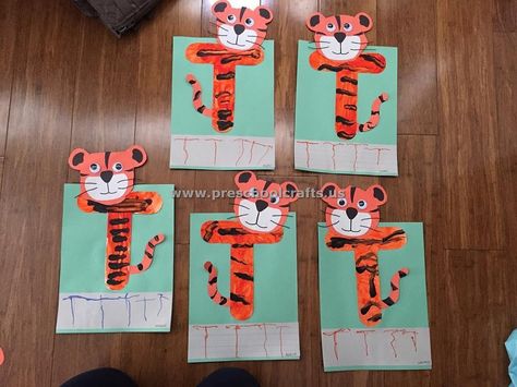 Alphabet crafts ideas for kids. Kindergarten, preschool and first grade Alphabet craft ideas. Preschool Alphabet crafts bulletin board. Alphabet crafts idea T For Tiger, Letter T Craft, Funny Crafts For Kids, T Is For Tiger, Letter T Crafts, Letter X Crafts, Letter T Activities, Junior Kindergarten, Alphabet Crafts Preschool