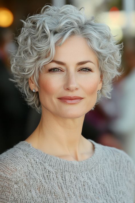 9. Voluminous Pixie in Icy Silver (Short Curly Hairstyles For Women Over 50) - Short Curly Hairstyles For Women Over 50 Short Curly Grey Hairstyles For Women, Curly Grey Hair Over 50, Curly Gray Hair Over 50, Voluminous Pixie, Gray Haircuts, Curly Silver Hair, Shirt Curly Hair, Layered Curly Haircuts, Hair 2025