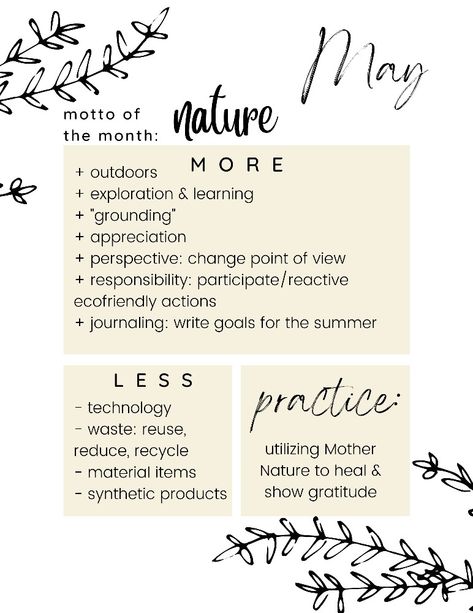 use this sheet as a reminder all month, print it out/Pin it, set your own goals! May, nature, thank you Moyher Earth, monthly goals, monthly motto, healthy living, growth mindset, self-development Monthly Focus Ideas, Motto Of The Month, Monthly Motto, Month Themes, 2024 Reset, Goals Monthly, Yoga Teaching, Self Care Bullet Journal, Writing Therapy