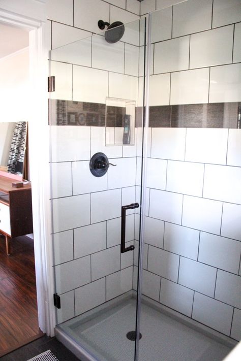 Large White Subway Tile Shower with Black Grout Large White Tiles, Modern Industrial Bathroom, Large Shower Tile, White Subway Tile Shower, Dark Grout, White Subway Tile Bathroom, White Tile Shower, Subway Tile Showers, Black Grout