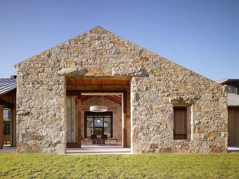 contemporary but looks ancient. protected outdoor area, asymmetrical roof. Wood Walker, Stone Exterior Houses, Stone Building, Stone Facade, Countryside House, Contemporary Farmhouse, Doors And Windows, Old Stone, Stone Houses