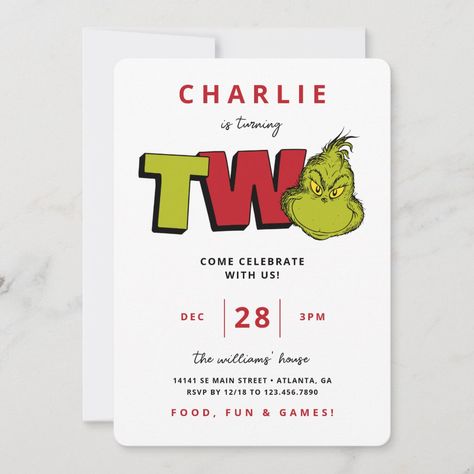 Dr. Seuss | Grinch 2nd Birthday Grinch Second Birthday, Grinch Second Birthday Party, Twoville Birthday Party Grinch, 2nd Birthday Christmas Theme, Welcome To Twoville Birthday, Grinch 2nd Birthday Party, Grinch Birthday Party Invitations, Grinch Birthday Invitations, Grinch Birthday Party