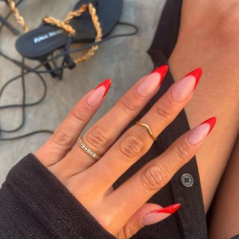 Red Stiletto French Tip Nails, Red Tip Stiletto Nails, Long Red French Tip Nails, Red French Tip Nails Stiletto, Acrylic Nails Almond French Tip, Red French Tip Stiletto Nails, Almond Red Nails Design, Almond Nails Red French Tip, Red Tip Almond Nails