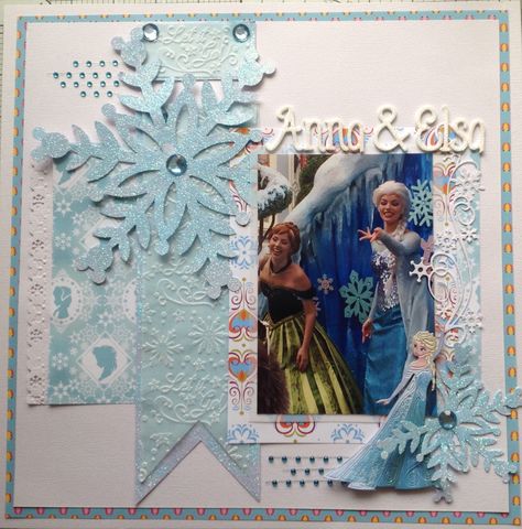 Anna and Elsa Disney scrapbook layout Frozen Scrapbook, Fantasy Scrapbook, Birthday Scrapbook Pages, Disney Project Life, Bridal Shower Scrapbook, Winter Scrapbooking, Cruise Scrapbook, Scrapbook Generation, Scrapbook Disney