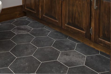 Groutable Vinyl Tile (An Easy Installation) - An Easy DIY Black Vinyl Tile Flooring, Hexagon Lvt Flooring, Black Hexagon Peel And Stick Floor Tile, Black Vinyl Flooring Bathroom, Dark Grey Hexagon Tile Bathroom Floor, Groutable Peel And Stick Tile Floor, Peel And Stick Hexagon Tile Floor, Groutable Peel And Stick Tile, Hexagon Tile Kitchen Floor