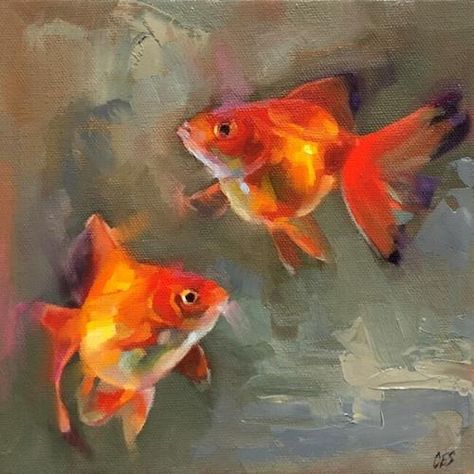 Goldfish Oil Painting, Cute Goldfish Art, Paintings Fish, Stylized Painting, Goldfish Drawing, Fish Acrylic Painting, Artbook Design, Gold Fish Painting, Goldfish Painting