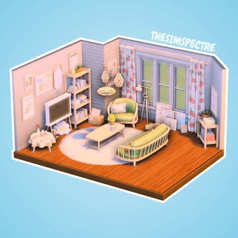 here's a cozy little living room using the citrus living room cc pack by kkb! The Sims 4 Living Room Cc, Sims 4 Build Mode, Living Room Sims 4, Cute Living Room, Free Sims 4, Free Sims, Pink Living Room, Sims House Plans, Los Sims