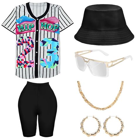 PRICES MAY VARY. 【80s 90s Neon Costumes & Accessories Set】：Includs 6 accessories, baseball jersey shirt x1, yoga pants x1, bucket hat x1, artificial gold rope chain x1, hip hop glasses x1, 1 pair of earrings. This complete outfit and accessory set is perfect for any 80s 90s-themed party, allowing you to stand out and express your hiphop style. 【Bright Colored Accessories】：Bright and colorful colors make you stand out at parties in the 80s 90s. Baseball jersey shirt, short sleeve yoga pants, and Hip Hop Costumes Women, 1990s Womens Fashion, Hip Hop Outfits For Women Street Styles, 90s Party Outfit Black Women, 80s Party Outfits Women, 80s Fashion Black Women, 80s Hip Hop Fashion, Women's 90s Outfits, 90s Theme Party Outfit