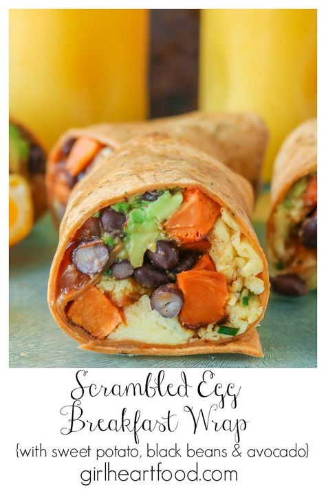 Egg Breakfast Wrap, Wrap Vegetarian, Scrambled Egg Breakfast, Breakfast Wrap, Bagel Breakfast Sandwich, Cubed Sweet Potatoes, Egg Wrap, Sweet Potato Black Beans, Roasted Sweet Potato