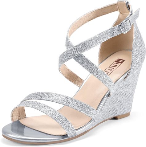 Amazon.com | IDIFU Women's 3 Inch Strappy Wedge Sandals Open Toe Dressy Wedges For Women Black Nude Silver White Bridal Wedge Heels On Wedding Evening Summer(Silver Glitter, 9 M US) | Platforms & Wedges Hoco Heels, Bridal Wedges, Dressy Wedges, Strappy Wedge Sandals, Homecoming Shoes, Dress Shoes For Women, Silver Wedges, Dance Stuff, Classy Shoes