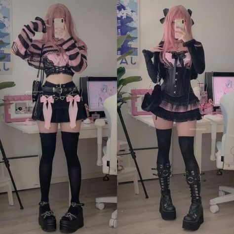 Succubi Outfit, Pink And Black Winter Outfit, Emo Bimbocore Outfits, Pink Goth Aesthetic Outfits, Kawaii Goth Clothes, Egirl Outfit Ideas, Pink Black Outfit, Goth Kawaii Fashion, Pastel Goth Tumblr