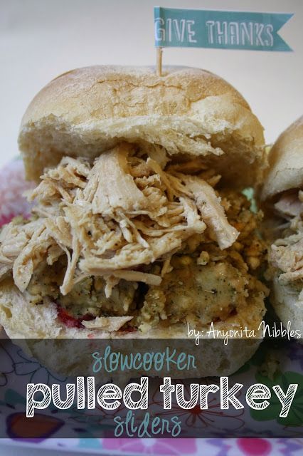 Slow Cooker Pulled Turkey Sliders from Anyonita Nibbles Pulled Turkey Recipes, Pulled Turkey Sandwiches, Crockpot Lamb, Slow Cook Turkey, Sliders Recipes Turkey, Pulled Turkey, Hot Turkey Sandwiches, Friendsgiving Ideas, Turkey Sliders