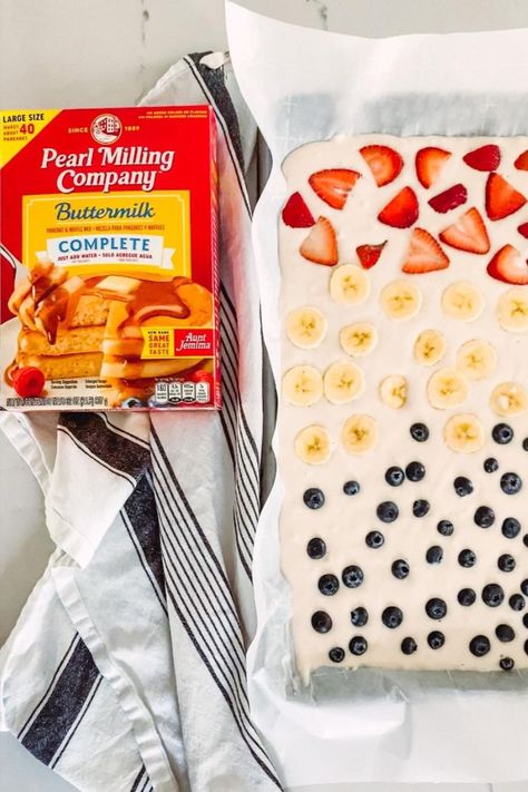 Party Pancakes: An Easy Sheet Pan Pancake Recipe Baked Sheet Pan Pancakes, Bisquick Sheetpan Pancakes, Krusteaz Sheet Pan Pancakes, Pancake Oven Recipe, Sheet Pan Boxed Pancakes, Sheetpan Pancakes Pioneer Woman, Box Pancake Mix Sheet Pan, Sheet Tray Pancakes, Pancake Sheet Cake