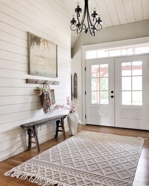 Shiplap Foyer, Shiplap Entryway, Shiplap Ceiling, White Shiplap Wall, White Decorative Pillows, Farmhouse Entryway, Small Entryways, White Shiplap, Wood Ceilings