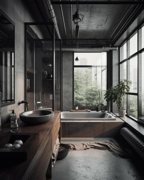 A beautiful blend of Brutalism and industrialism ✨🖤 How do we like it? . Want your space designed? Let us help! More information on our website? Link in bio! #interiordesign #interior Small Industrial Bathroom, Modern Eclectic Interior Design, Brutalism Interior, Brutalist Interior, Brick Bathroom, Modern Eclectic Interior, Brutalism Architecture, Eclectic Interior Design, Industrial Interior Design