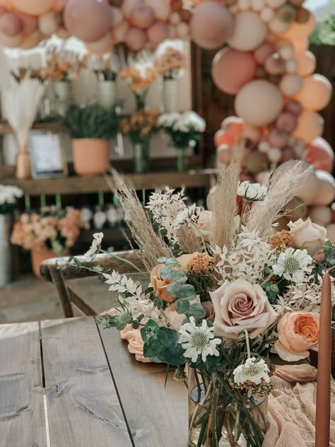 Boho Chic Gender Reveal Party, Girl Baby Shower Flower Centerpieces, Baby Shower Themes Girl Boho, Baby In Bloom Boho Shower Ideas, Fall Butterfly Baby Shower Ideas, Boho Baby Shower Flowers, Rustic Baby Shower Ideas Girl, Pumpkin Centerpieces Baby Shower Girl, Girl Baby Shower Table Centerpieces