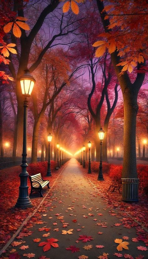 Autumn Good Night, Red Autumn Aesthetic, Autumn Potpourri, Whimsical Pictures, Lamps Tall, Imvu Backgrounds, Magical Autumn, Park Scene, Winding Path