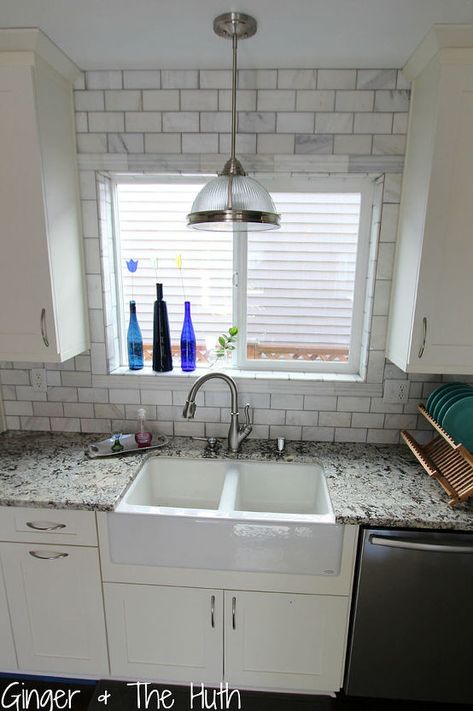 Tile Around Window, Kitchen Sink Lighting Ideas, Kitchen Pass Through, Kitchen Sink Lighting, Kitchen Pass, Brick Backsplash Kitchen, Farmhouse Backsplash, Beadboard Backsplash, Tile Layout