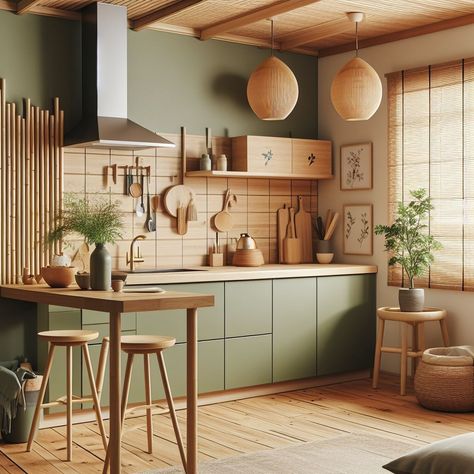 Green Scandinavian Kitchen, Wickes Kitchen Ideas, Cozy Scandinavian Kitchen, Green Wood Kitchen, Nordic Kitchen Design, Kitchen Ideas Dark Cabinets Espresso, Green Kitchen Cabinets, Kitchen Dining Living, Dark Kitchen Cabinets