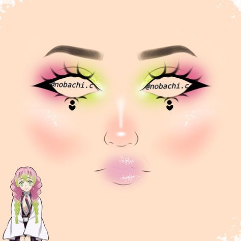 Makeup Ideas Drawing Base, Demon Slayer Mitsuri Makeup, Anime Eyeshadow Looks, Mitsuri Eye Makeup, Nezuko Spider Web, Mitsuri Inspired Makeup, Manga Makeup Anime, Mitsuri Kanroji Inspired Outfit, Demon Slayer Eye Makeup