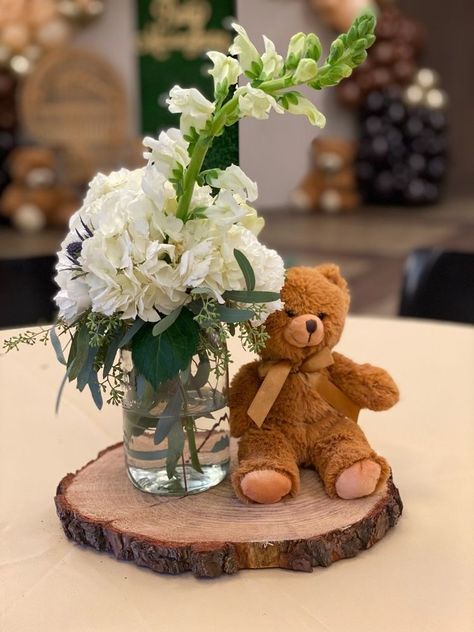 Table Centerpieces Gender Reveal, Teddy Bear Birthday Table Decor, Simple Bear Centerpieces, Teddy Bear Centerpieces Wood, Teddy Table Decorations, Cant Bearly Wait Centerpieces, We Can Bearly Wait Dessert Table Ideas, Teddy Bear And Flowers Centerpieces, Small Teddy Bear Centerpieces