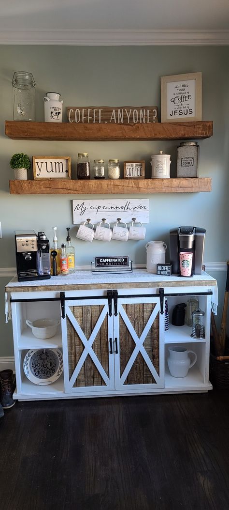 Dining Room Design With Coffee Bar, Farm Style Coffee Bar, Coffee Bar Cup Storage, Home Office With Coffee Bar, Coffee Bar Inspiration Farmhouse, Accent Wall Behind Coffee Bar, Coffee Bar Room Ideas, Coffee Bar Diy Farmhouse Style, Coffee And Espresso Bar