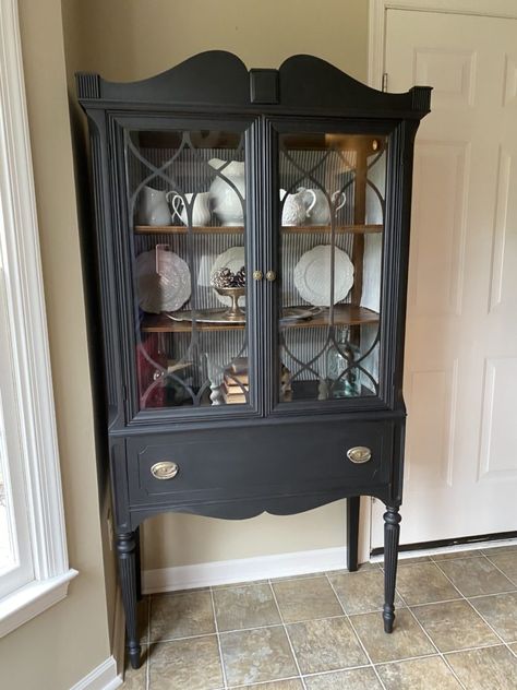 The China Cabinet From Hell Old China Cabinet, Style China Cabinet, Black China Cabinet, White Cottage Kitchen, Painted Shelves, China Cabinet Redo, Two Tone Dresser, China Cabinet Makeover, Antique China Cabinets