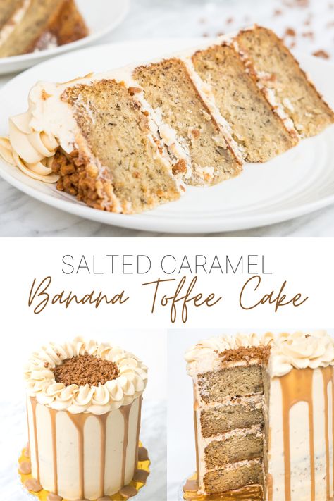 London Fog Cake King Arthur, Caramelized Banana Cake, Banana Salted Caramel Cake, Cake Recipes With Buttercream Frosting, Salted Caramel Banana Toffee Cake, Banana And Caramel Cake, Classic Cake Flavors, Salted Banana Toffee Cake, Banana Wedding Cake