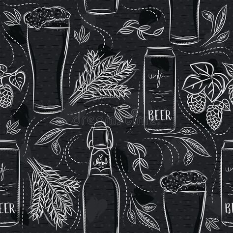 Seamless patterns with set of beer bottle, mug, barley and hop on black chalkboard. Ideal for printing onto fabric and paper or scrap booking Beer Menu Chalkboard, Beer Chalkboard Art, Neon Art Painting, Chalk Menu, Pizza Factory, Beer Background, Beer Menu, Beer Wall, Chalkboard Ideas