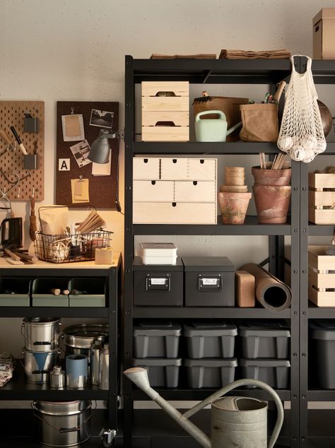 How to reorganize your garage - IKEA CA Rifacimento Garage, Ikea Desk Hack, Ikea Catalog, Garage Interior, Garage Makeover, Bench With Shoe Storage, Garage House, Dream Garage, Garage Organization