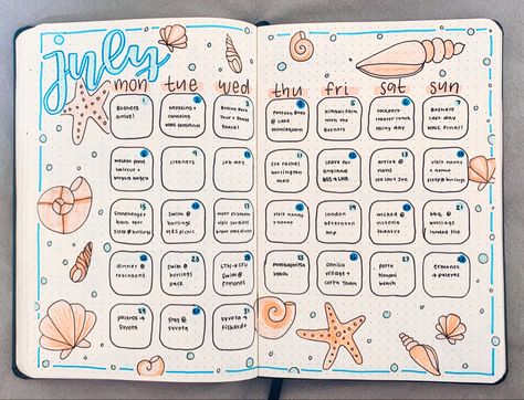 July, Summer, Beachy, Seashell, Coral Pink, Blue, Seaside, Ocean, Beach, Theme, Bullet Journal, Bujo Bullet Journal Vacation, Bullet Journal Topics, Bullet Journal Calendrier, March Bullet Journal, Bullet Journal Month, Summer Journal, Bullet Journal Monthly Spread, Bullet Journal Ideas Templates, Habit Tracker Bullet Journal