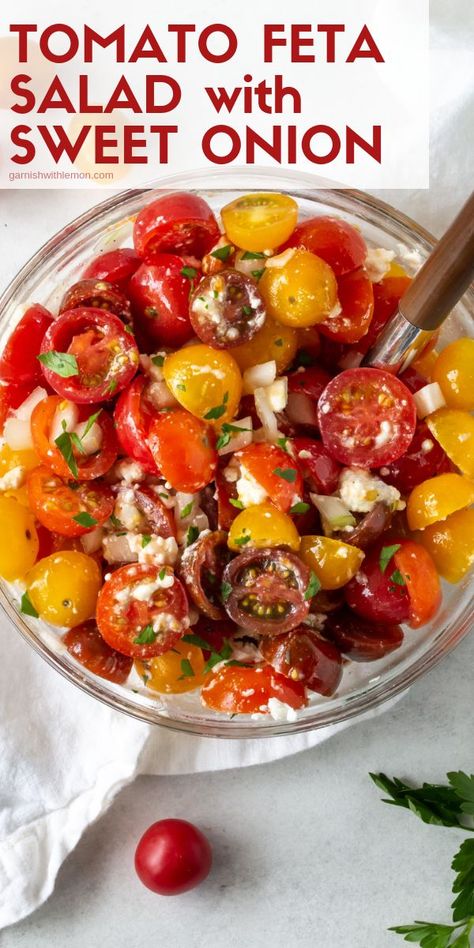 Tomato And Feta Salad, Tomato Feta Salad, Tomato And Feta, Cherry Tomato Salad, Bbq Salads, Bbq Summer, Feta Cheese Salad, Bbq Side Dishes, Bbq Side