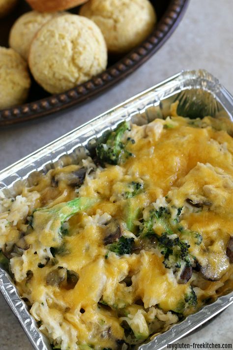 Gluten Free Chicken Casserole, Gluten Free Freezer Meals, Gluten Free Casserole, Chicken Freezer Meals, Chicken Broccoli Rice Casserole, Freezer Dinners, Chicken Broccoli Rice, Gluten Free Cornbread, Broccoli Rice Casserole