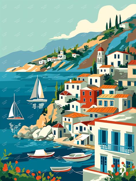 Porto Illustration, Mediterranean Artwork, Landmark Illustration, Landmark Poster, Greek Paintings, Train Posters, Landscape Painting Tutorial, Building Painting, Slide Presentation