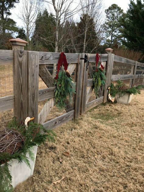 Christmas Home Tour Part 1: The Exterior - The Painted Chandelier Christmas Fence Decor, Christmas Fence, Gate Decoration, Metal Gate, Farm Gate, Lantern Christmas, Christmas Farm, Cabin Christmas, Country Christmas Decorations