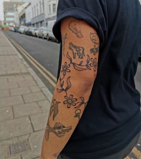 Tattoo Around The Elbow, Elbow Area Tattoo, Elbow Patchwork Tattoo, Tattoos Around Elbow, Outside Elbow Tattoo, Arm To Back Tattoo, Nature Elbow Tattoo, Tattoo Under Elbow, Cool Elbow Tattoos