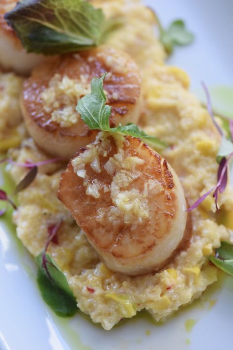 BROWN BUTTER SCALLOPS OVER SWEET CORN RISOTTO — Very Vanderpump Scallops With Corn, Risotto With Scallops, Brown Butter Scallops, Sweet Corn Risotto, Corn Risotto, Butter Scallops, Sea Scallops, Dry White Wine, Frozen Corn