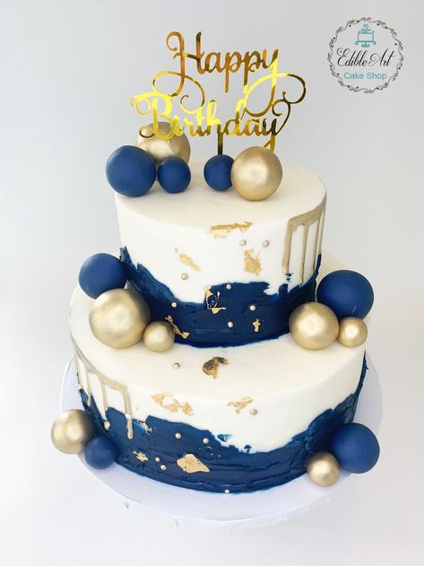 Cake Designs Vintage, Vintage Cake Birthday, Blue Vintage Cake, Birthday Cake With Gold, Boys 18th Birthday Cake, 60th Birthday Cake For Men, Abstract Cake, Blue Birthday Cake, Soccer Birthday Cakes