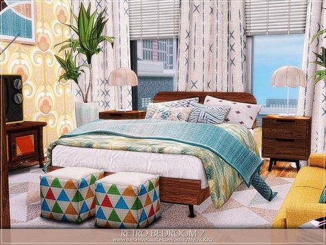 Tiny Eco House, Sims 4 Cc Rooms, Sims 4 Retro, Sims 4 Bedroom Cc, Sister Bedroom, Retro Apartment, Sims 4 Rooms, Bedroom Retro, Retro Bedroom