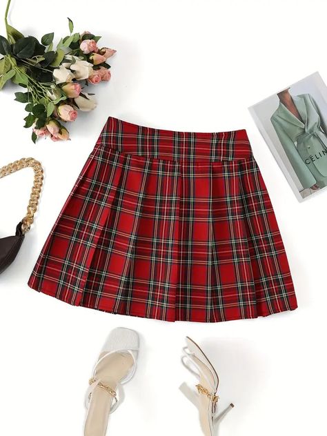 Plaid Print Zipper Skirt Plus Size Elegant Pleated Skirt - Temu Australia Zipper Skirt, Spring Skirts, Elegant Skirt, Grid Pattern, Plaid Print, Types Of Skirts, Olivia Mark, Wrap Skirt, Pleated Skirt